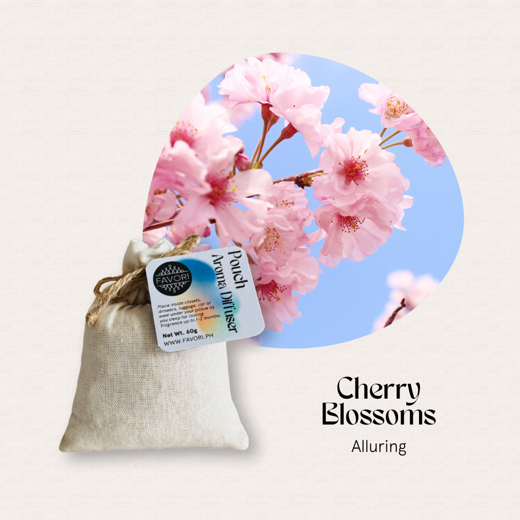 FAVORI Scents Pouch Aroma Diffusers beside cherry blossoms under blue sky; water-soluble aroma oil below.