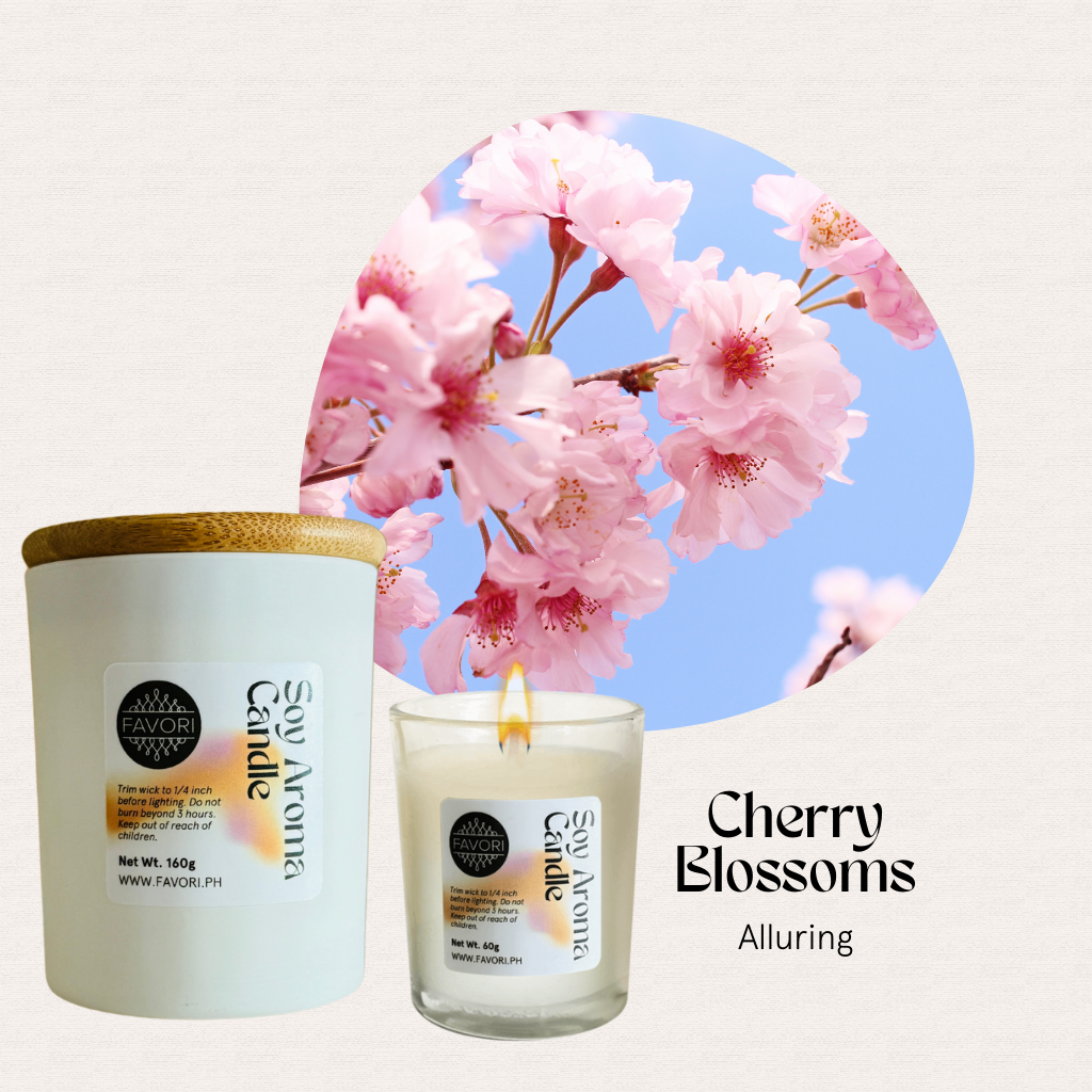 FAVORI Scents All Occasion premium soy candle—eco-friendly, pink cherry blossoms on a blue sky.