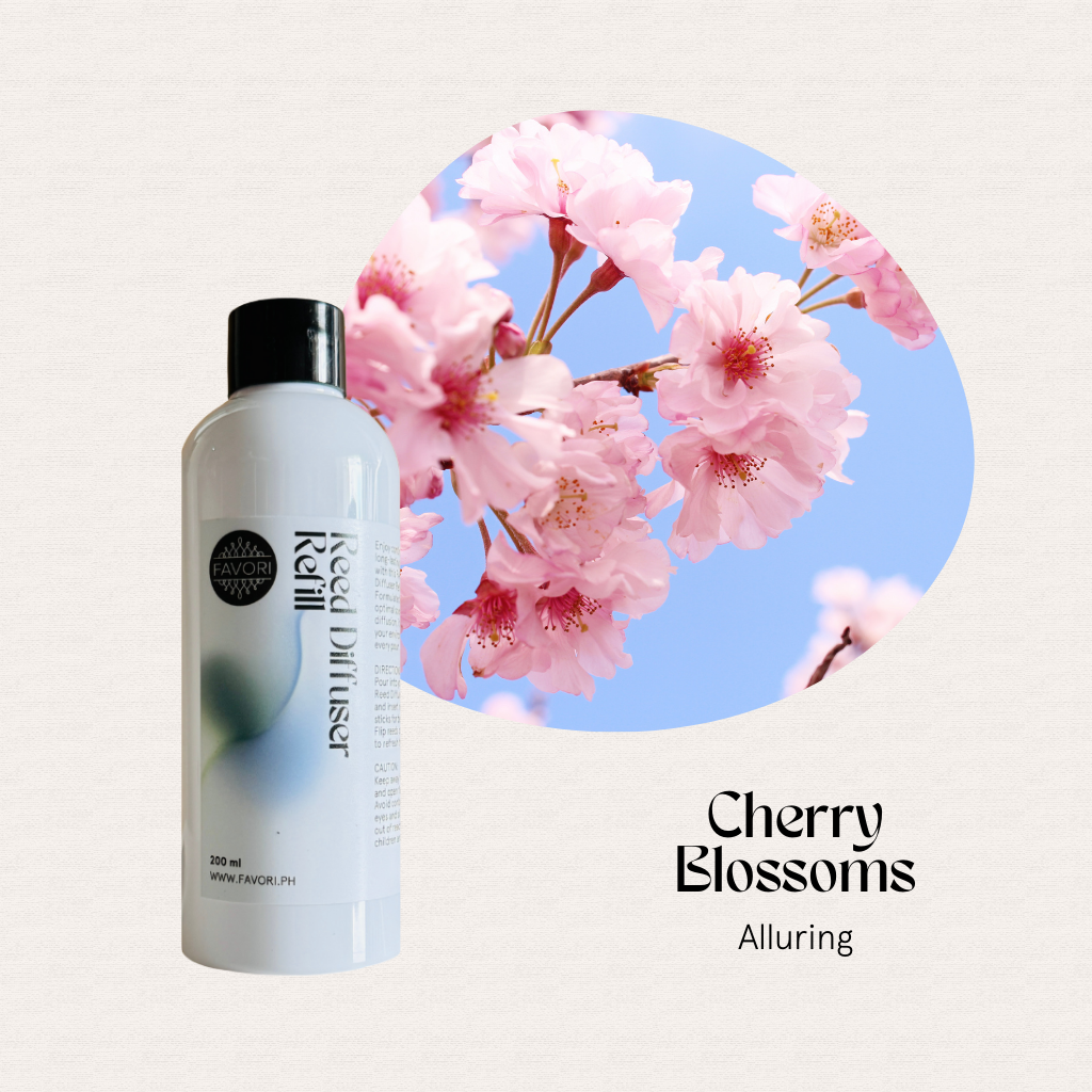 A FAVORI Scents Cherry Blossoms Reed Diffuser Refill (RDR) bottle with cherry blossoms on a light background.