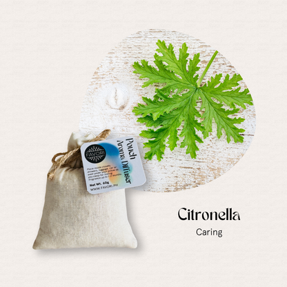A FAVORI Scents PAD features citronella leaf, a small aroma pouch, and Citronella with Caring label.