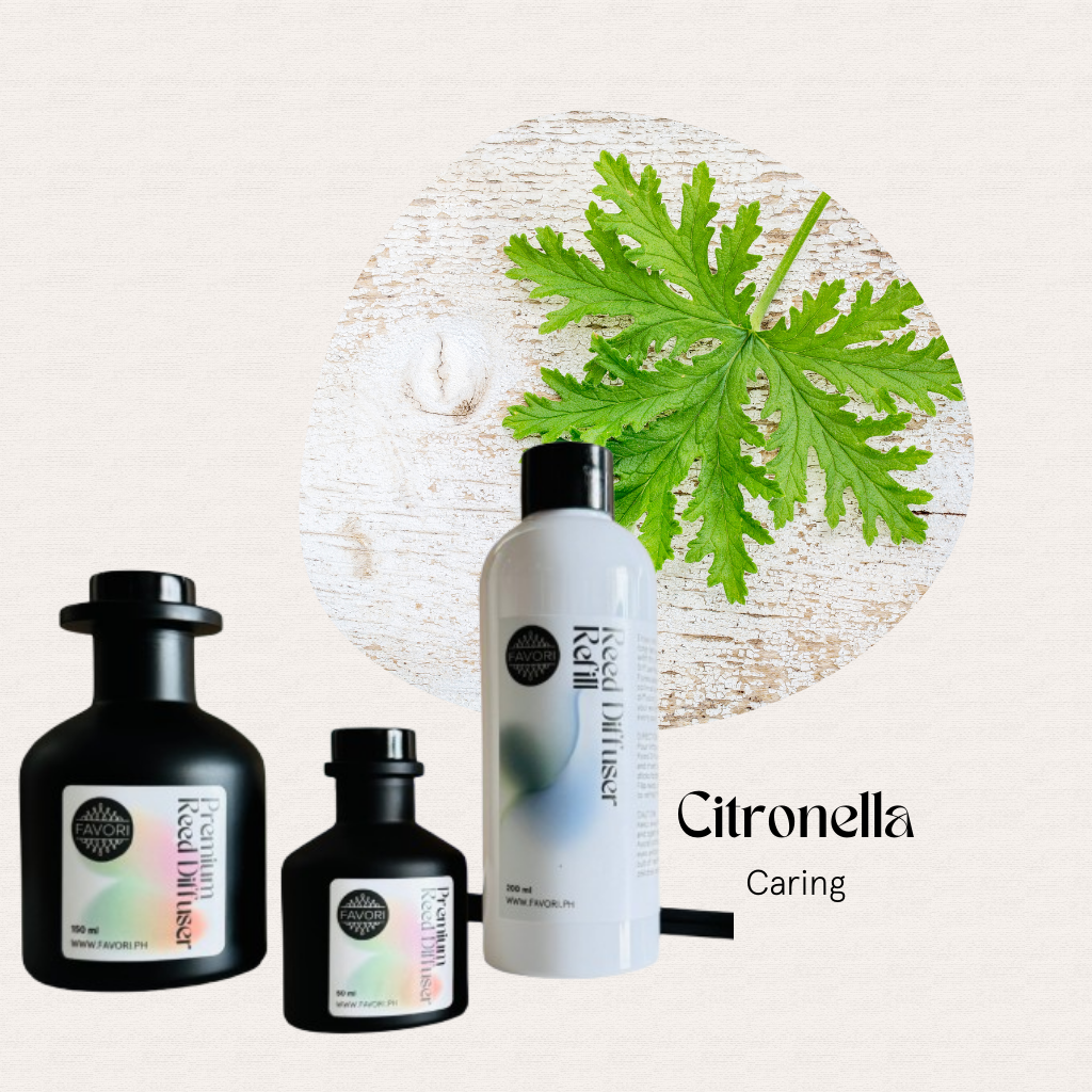 Three FAVORI Scents Citronella Trio Premium Reed Diffuser bottles on beige, with green leaf and Caring label.