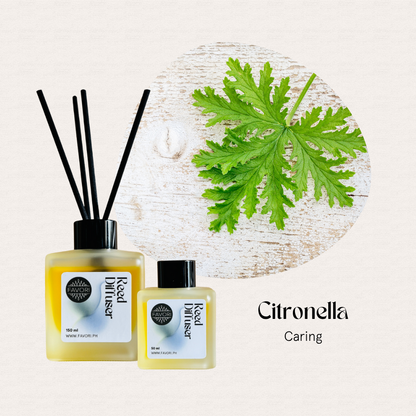 Two FAVORI Scents Citronella RRDs—natural insect repellents—with a green leaf label, Citronella Caring.