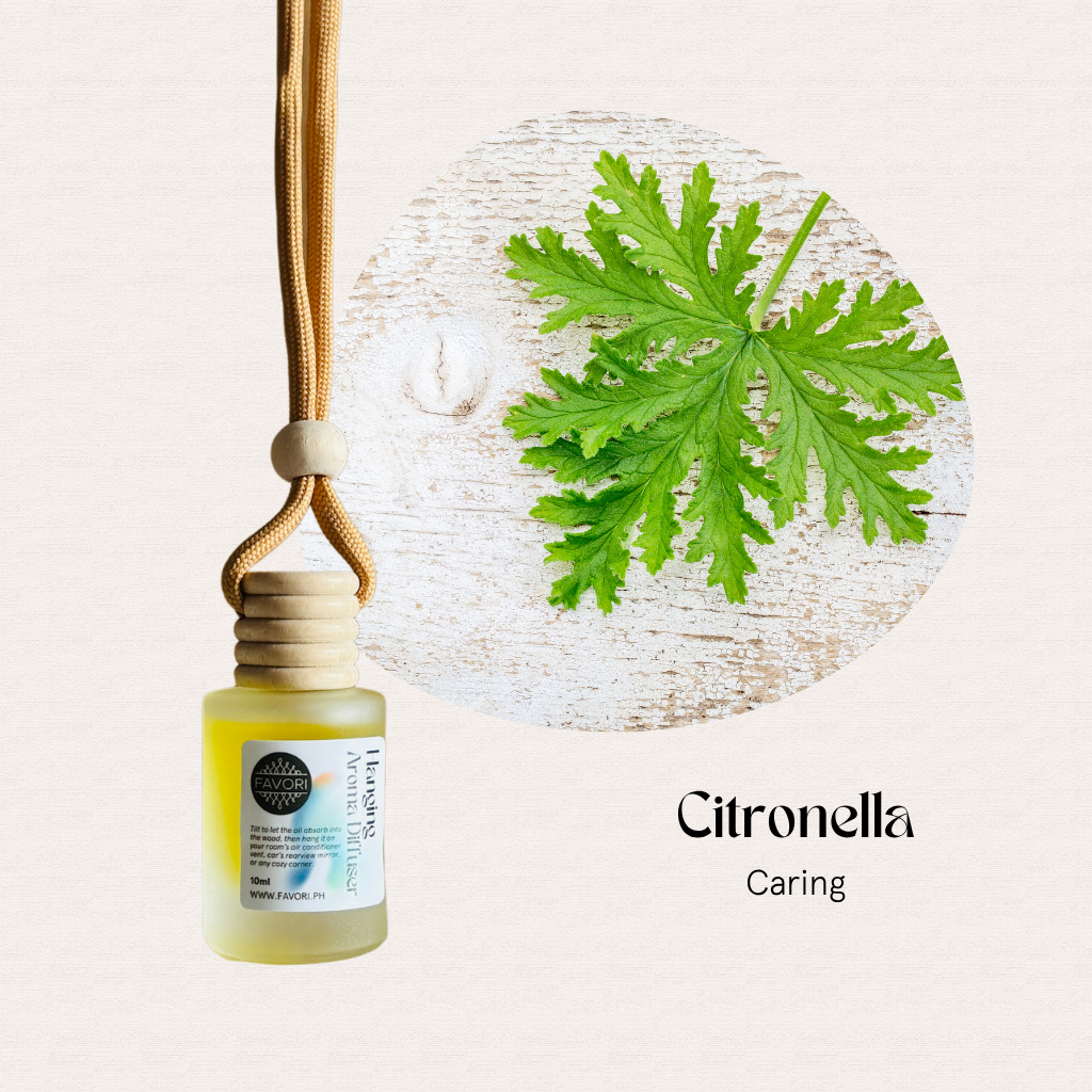 FAVORI Scents Hanging Aroma Diffusers (HAD) with citronella leaf and wooden cap are shown on a light background.