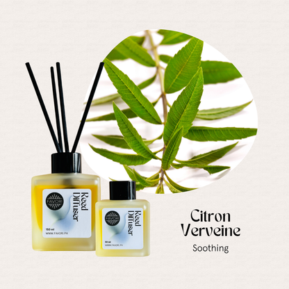 Two FAVORI Scents Citron Verveine RRDs with black reeds and lemon verbena leaves—soothing reed diffusers.