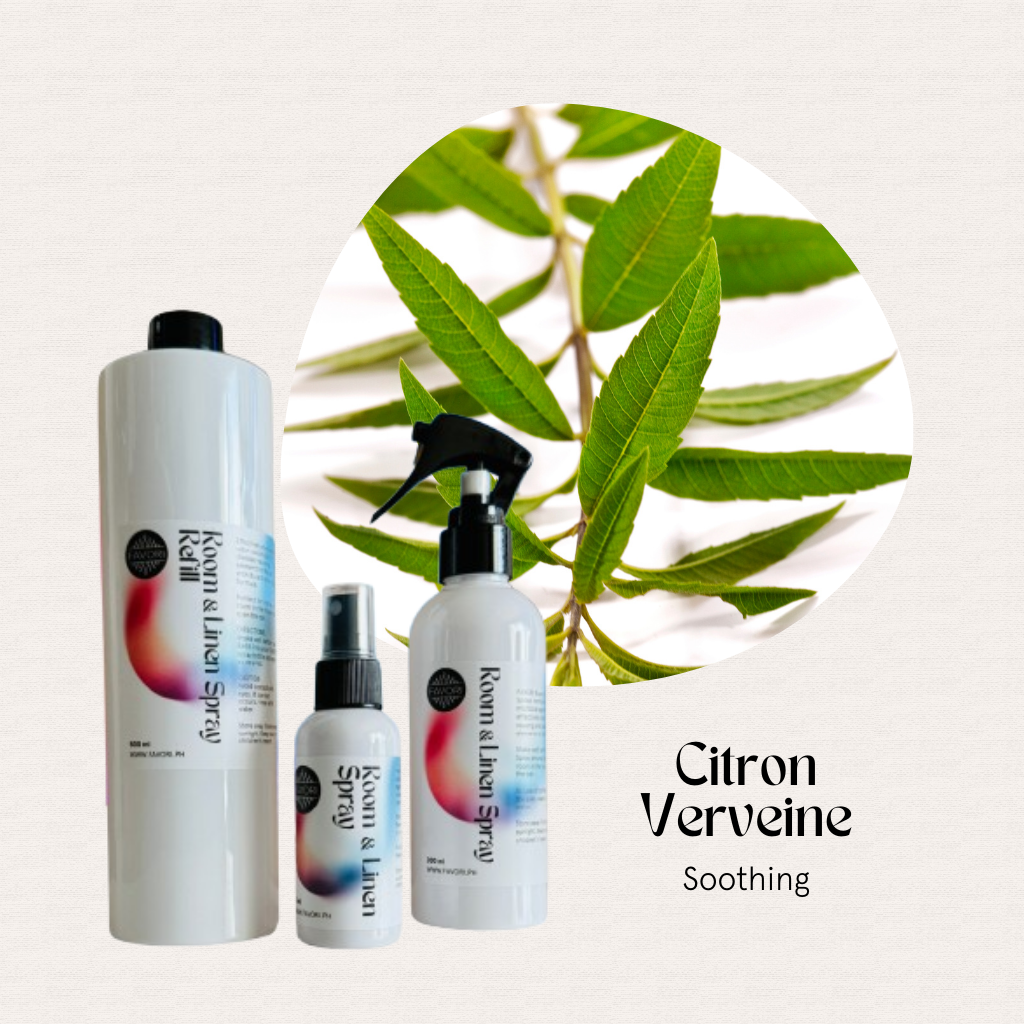 Three FAVORI Scents Citron Verveine hair products and a Trio Air Spray set near verbena leaves.