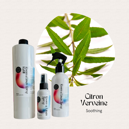 Three FAVORI Scents Citron Verveine hair products and a Trio Air Spray set near verbena leaves.