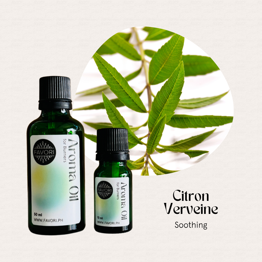 Two green bottles of FAVORI Scents Burner Aroma Oils with vibrant green citron verveine leaves.