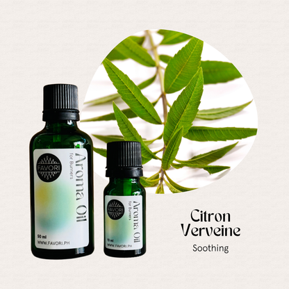 Two green bottles of FAVORI Scents Burner Aroma Oils with vibrant green citron verveine leaves.