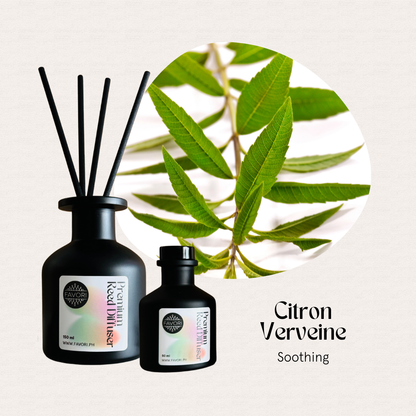 FAVORI Scents Citron Verveine Premium Reed Diffuser with fiber reeds beside green verbena leaves, “Soothing.”.
