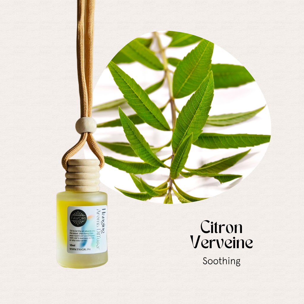 FAVORI Scents Hanging Aroma Diffuser (HAD) in Citron Verveine, shown with green verbena leaves beside it.