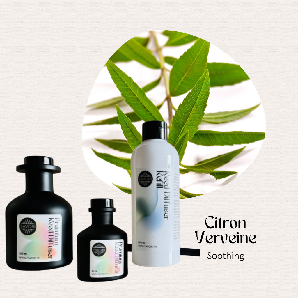 Three FAVORI Scents Citron Verveine Trio diffusers sit before leaves, evoking a fresh citrus aroma.