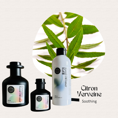 Three FAVORI Scents Citron Verveine Trio diffusers sit before leaves, evoking a fresh citrus aroma.