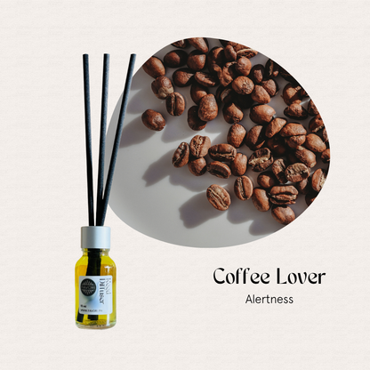 FAVORI Scents Mini Reed Diffusers: black fiber sticks, coffee scent; text reads Coffee Lover, Alertness.