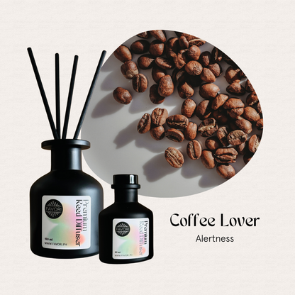 Two FAVORI Scents Coffee Lover Premium Reed Diffusers with fiber sticks and scattered coffee beans.