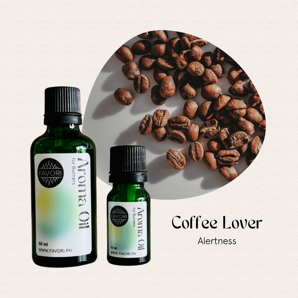Two bottles of FAVORI Scents Burner Aroma Oils, Coffee Lover, for lasting aroma and alertness.