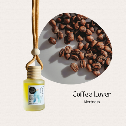 A FAVORI Scents Hanging Aroma Diffuser (HAD) labeled Coffee Lover with coffee beans promotes alertness.