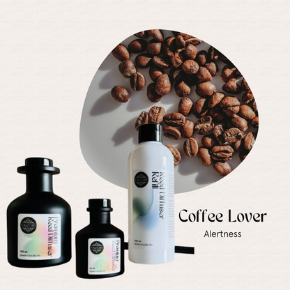 Three black and white FAVORI Scents Coffee Lover Trio reed diffusers with coffee beans: Aroma, Lover, Alertness.