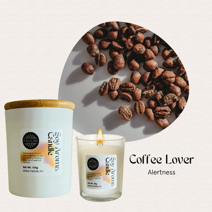 FAVORI Scents All Occasion: Coffee beans, lit soy candle with wood lid, text: Coffee Lover, Alertness.