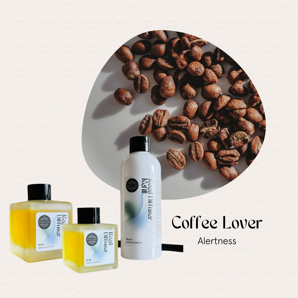 FAVORI Scents Coffee Lover Trio Reed Diffuser sits above beauty products, labeled Coffee Lover and Alertness.