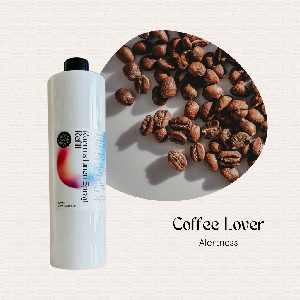 FAVORI Scents Refill–Regular Room & Linen Air Spray 500ml, Coffee Lover, Alertness, beside coffee beans.