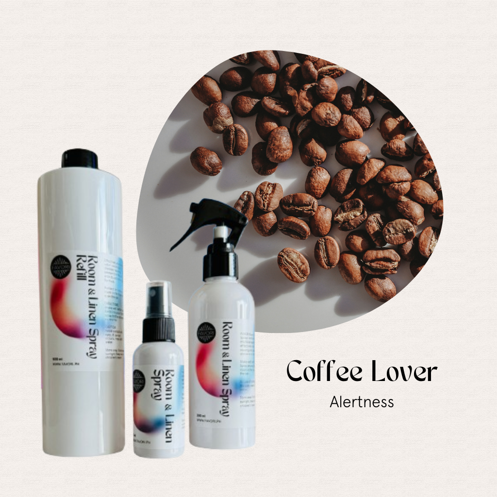 FAVORI Scents Trio – Regular Room & Linen Air Spray with coffee beans, labeled bottles, and Coffee Lover Alertness.