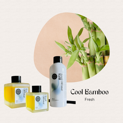 Three FAVORI Scents Cool Bamboo Trio Reed Diffusers emit a fresh bamboo scent among green stalks on beige.