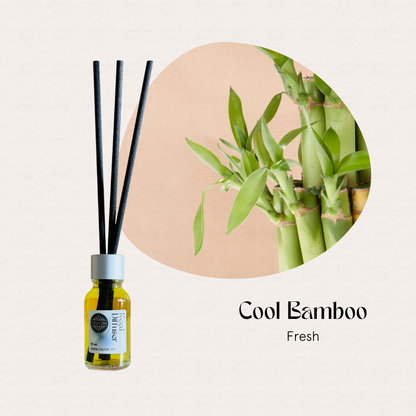 FAVORI Scents Mini Reed Diffuser in Cool Bamboo Fresh with fiber reeds and green bamboo scent.