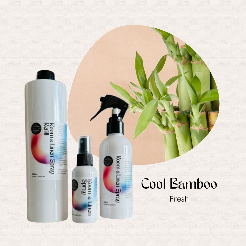 Three FAVORI Scents Trio Room & Linen Air Sprays beside bamboo, Cool Bamboo Fresh text on beige background.
