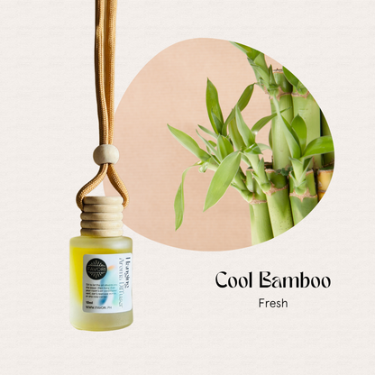 Hanging Aroma Diffusers (HAD) by FAVORI Scents, Cool Bamboo scent, with bamboo stalks and leaves backdrop.