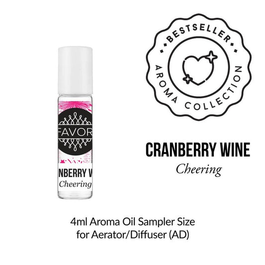 A 4ml bottle of Cranberry Wine Aroma Oil Sampler from FAVORI Scents, labeled as a favori and suitable for use with an aerator or diffuser.