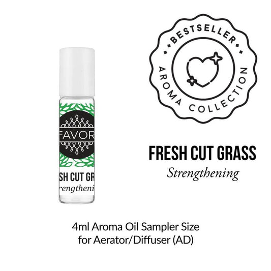 A 4ml sampler bottle of Fresh Cut Grass Aroma Oil from the FAVORI Scents collection labeled as "strengthening" for use in an aerator or diffuser.