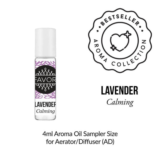 Sentence with product name and brand name: Lavender Aroma Oil Sampler from FAVORI Scents, marked as calming, in a 4ml sampler size for an aerator or diffuser.