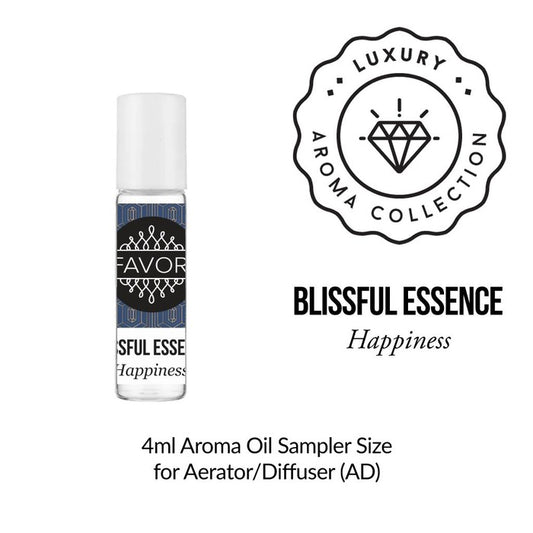 A 4ml bottle of Blissful Essence Aroma Oil Sampler (AOS) from the FAVORI Scents luxury aroma collection, intended for use with an aerator or diffuser.
