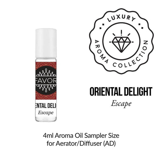 Product presentation of a 4ml sampler size bottle of Oriental Delight Aroma Oil Sampler (AOS) from the FAVORI Scents luxury aroma collection, intended for use in an aerator or diffuser.