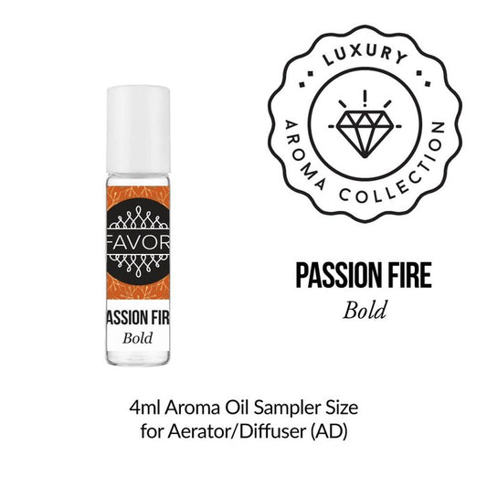 Bottle of 'Passion Fire Aroma Oil Sampler' from the FAVORI Scents luxury aroma collection, 4ml sampler size for aerator/diffuser.