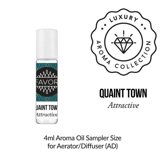A 4 ml bottle of FAVORI Scents' Quaint Town Aroma Oil Sampler designed for use with an aerator or diffuser.