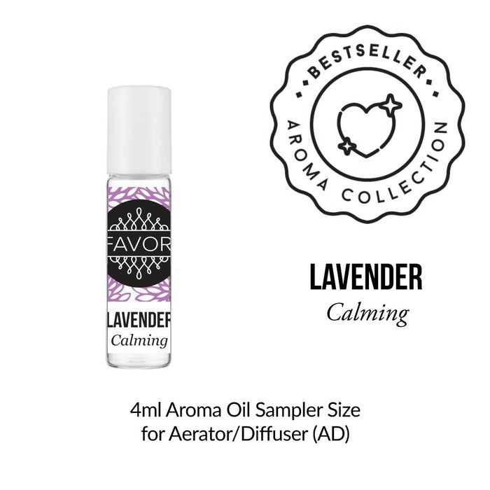 A FAVORI Scents Burner Aroma Oil labeled Lavender Calming with bestseller badge and bergamot oil beside it.