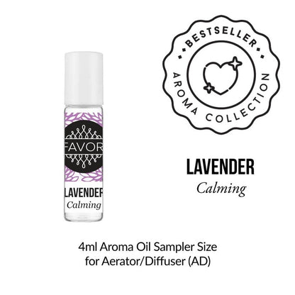 A FAVORI Scents Burner Aroma Oil labeled Lavender Calming with bestseller badge and bergamot oil beside it.
