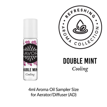 A small FAVORI Scents Burner Aroma Oil bottle, black and white label, beside a Refreshing Aroma Collection seal.