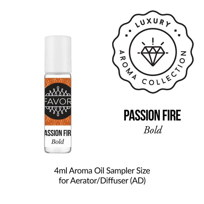 A small 4ml FAVORI Scents Burner Aroma Oil vial, labeled Passion Fire Bold, from the luxury collection.