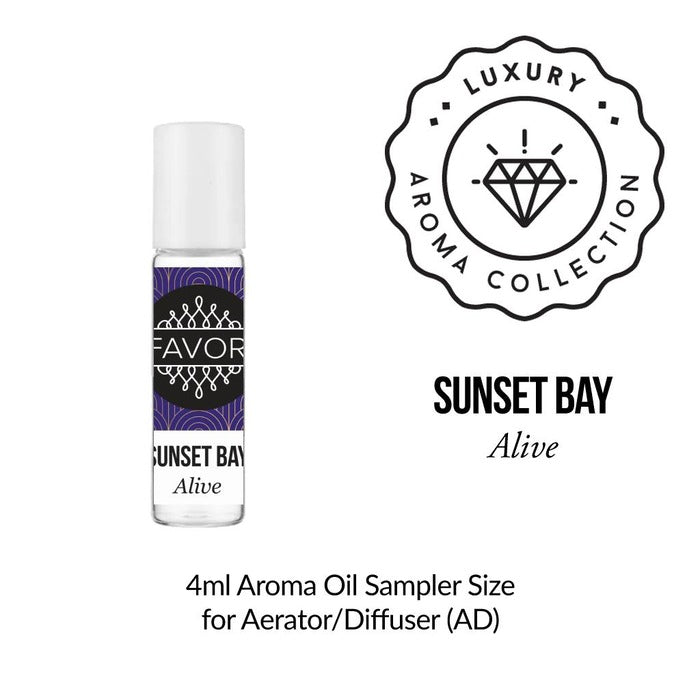 FAVORI Scents 4ml Aroma Oil Sampler in Sunset Bay Alive, black label with diamond logo on white background.