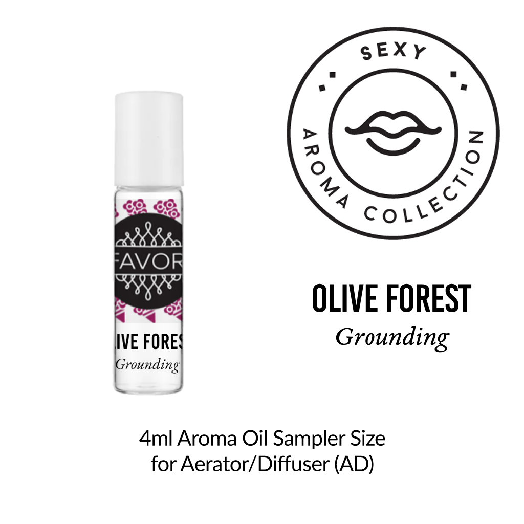A 4ml FAVORI Scents Burner Aroma Oil sampler in Olive Forest Grounding with Sexy Aroma Collection seal.