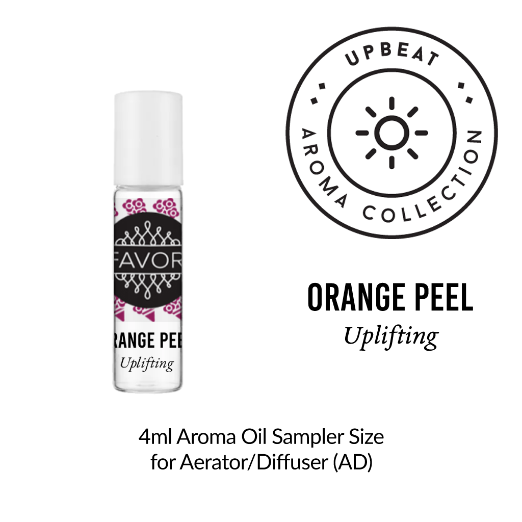 A 4ml FAVORI Scents Burner Aroma Oil sampler, “Orange Peel: Uplifting,” from the Upbeat collection.