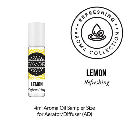 A 4ml FAVORI Scents Burner Aroma Oil sampler, lemon scent, with “Refreshing Aroma Collection” seal above.