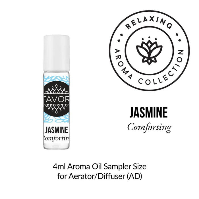 A 4ml FAVORI Scents Burner Aroma Oil, jasmine & bergamot, with relaxing collection and lotus logo.