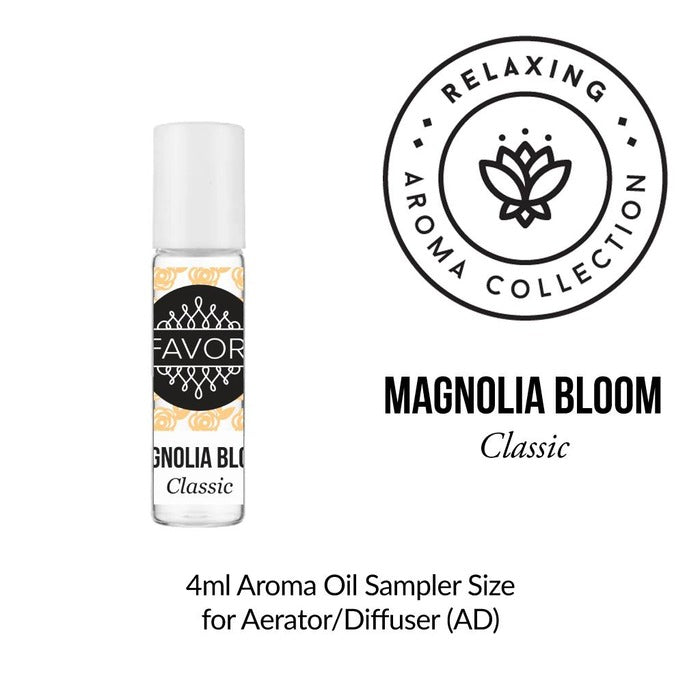 A 4ml Burner (BR) Aroma Oil in Magnolia Bloom by FAVORI Scents, with a white cap from the Relaxing Collection.