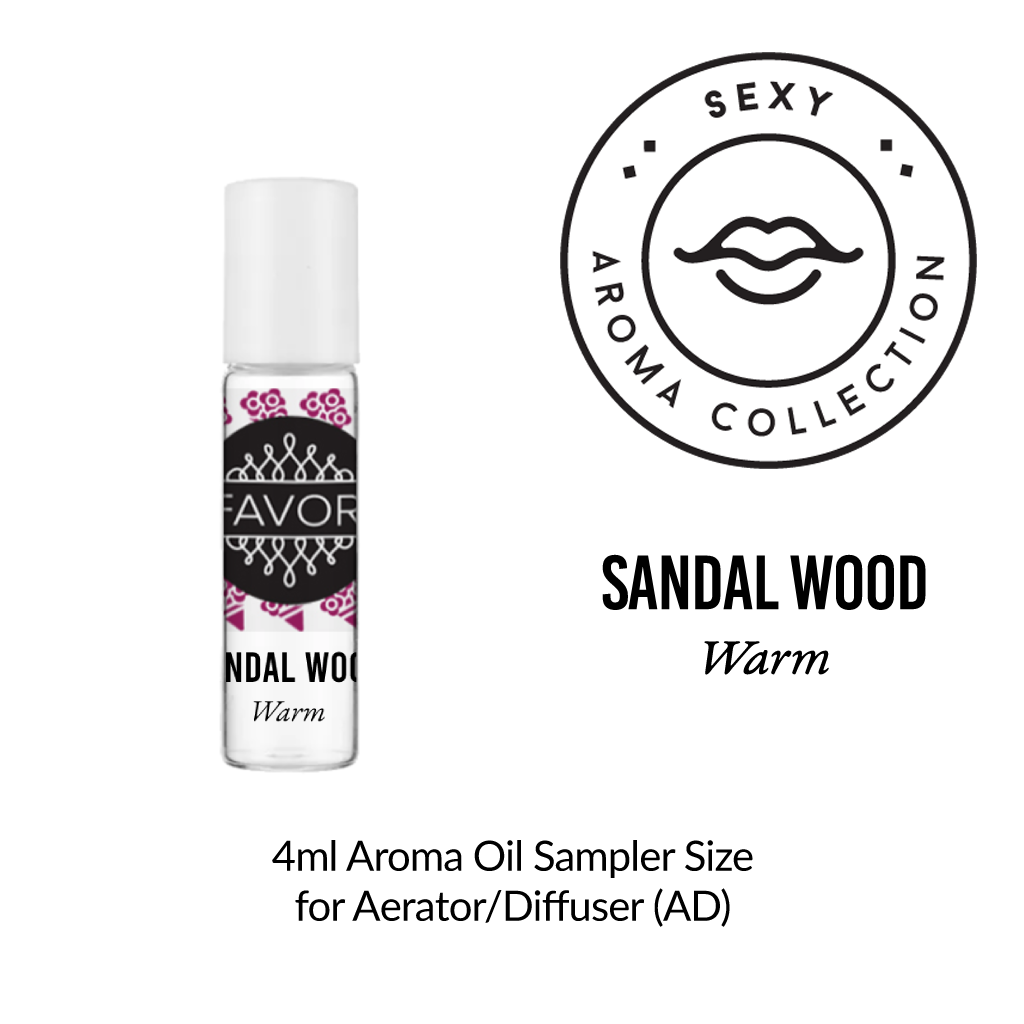 A 4ml FAVORI Scents Aroma Oil Sampler (AOS), white cap, Sexy Aroma Collection, Sandal Wood scent.