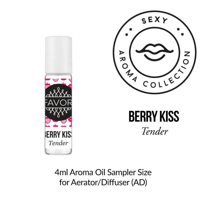 A 4ml Berry Kiss Burner Aroma Oil sampler, lips logo, by FAVORI Scents.