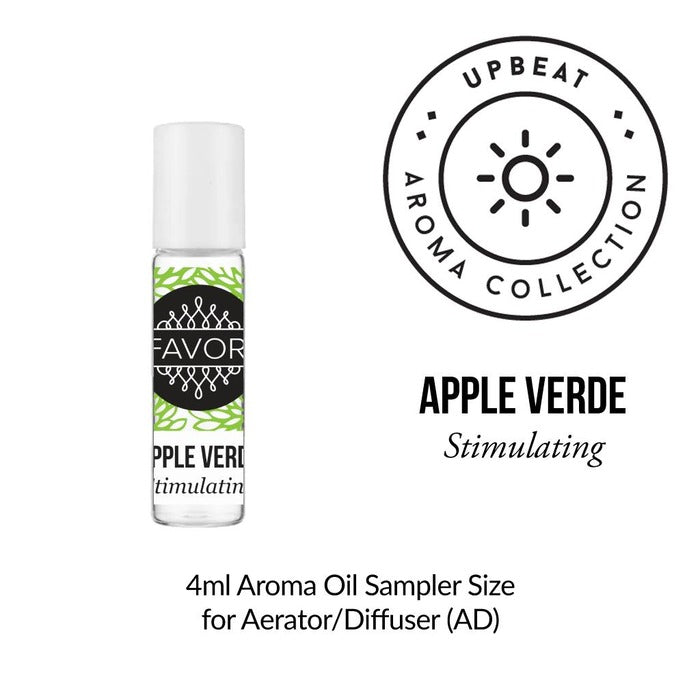 A small vial labeled Burner Aroma Oil by FAVORI Scents, part of the Upbeat Aroma Collection.