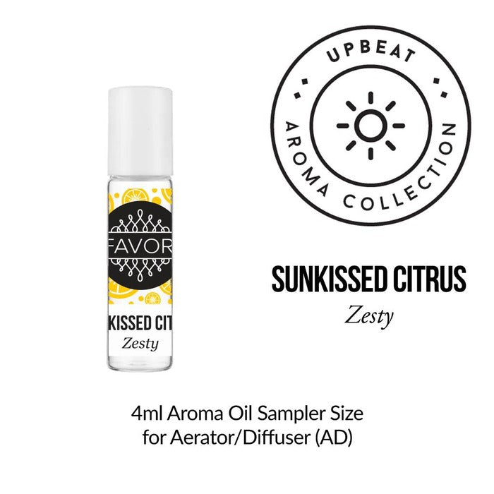 A 4ml FAVORI Scents Aroma Oil Sampler “Sunkissed Citrus Zesty” with citrus graphics and product details beside it.